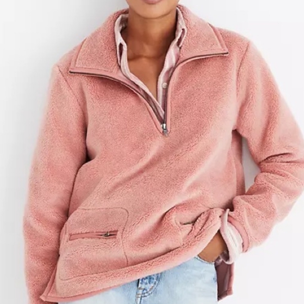 Madewell Pink Sherpa Popover Top Fleece 1/4 Zip Small